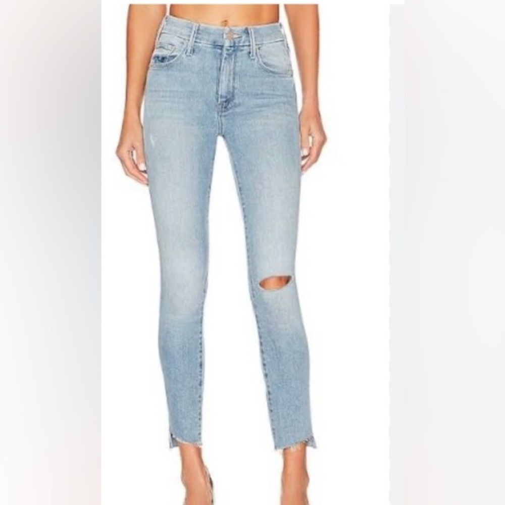 MOTHER Light Blue Cropped Jeans with Knee Rip